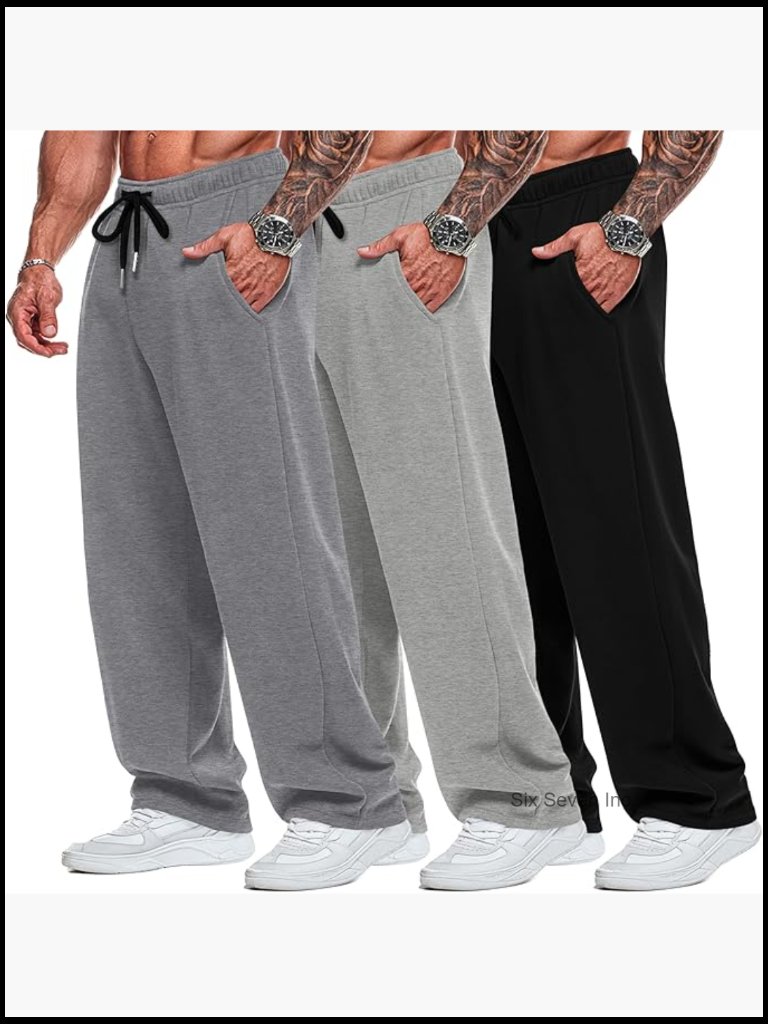 3 Pack Men's Sweatpants Wide Leg Open Bottom Plus Size Athletic Joggers With